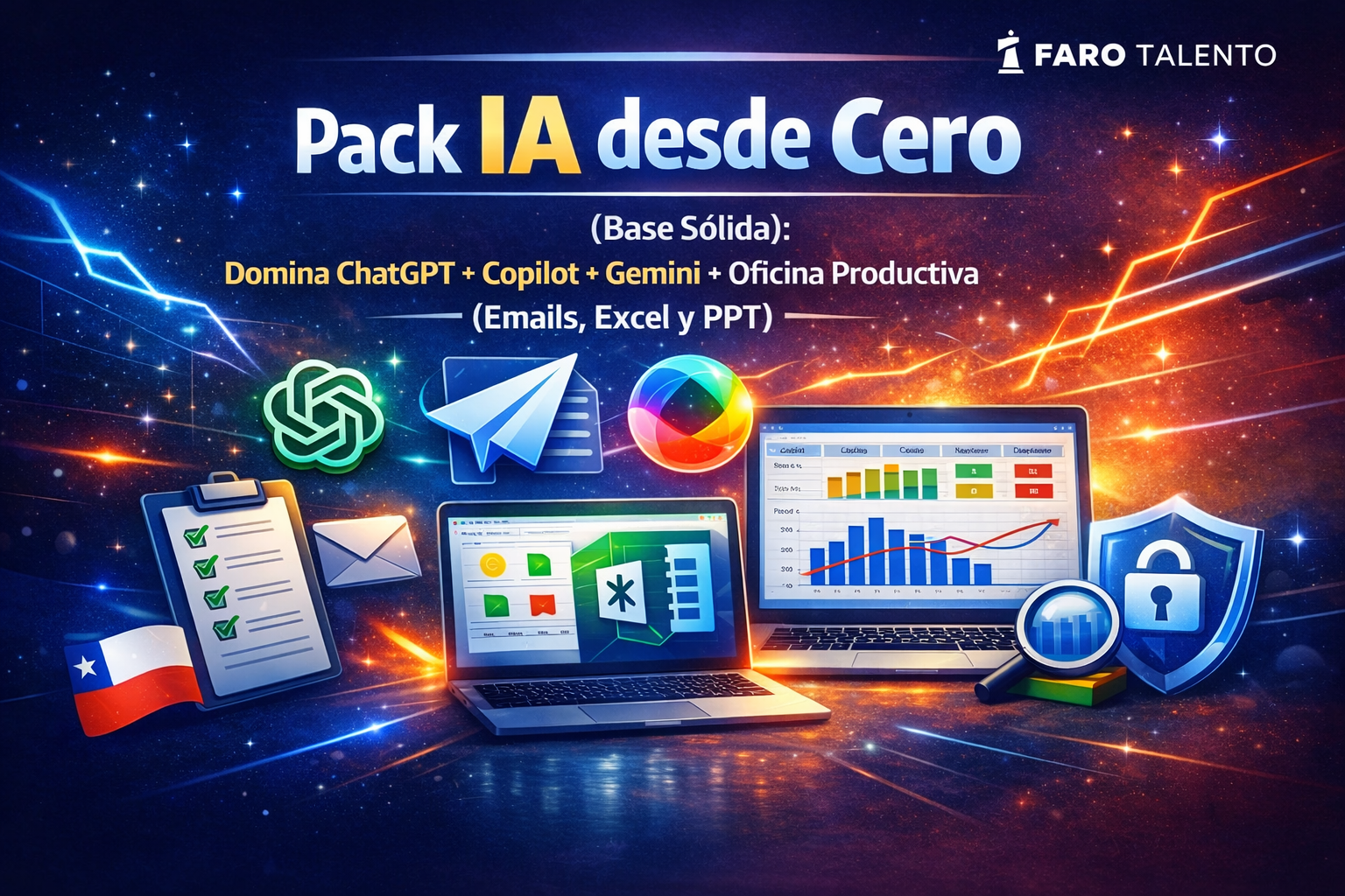 Pack IA desde Cero (Base Sólida) en Chile: aprende ChatGPT, Copilot y Gemini y aplícalo en oficina con emails, reportes, Excel/Sheets y PowerPoint/Slides – Faro Talento