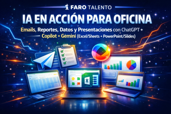 Banner del curso “IA en Acción para Oficina” de Faro Talento: emails, reportes, datos y presentaciones con ChatGPT, Copilot y Gemini (Excel/Sheets y PowerPoint/Slides), con laptops y gráficos.