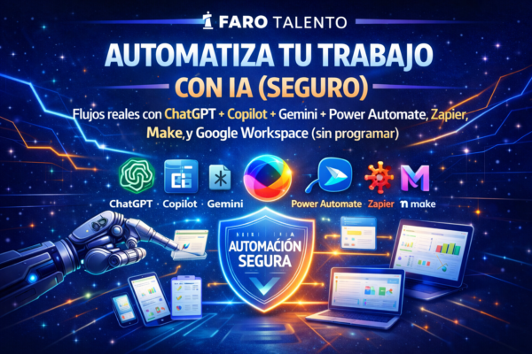 Banner del curso “IA en Acción para Oficina” de Faro Talento: automatiza emails, reportes, datos y presentaciones con ChatGPT, Copilot y Gemini.