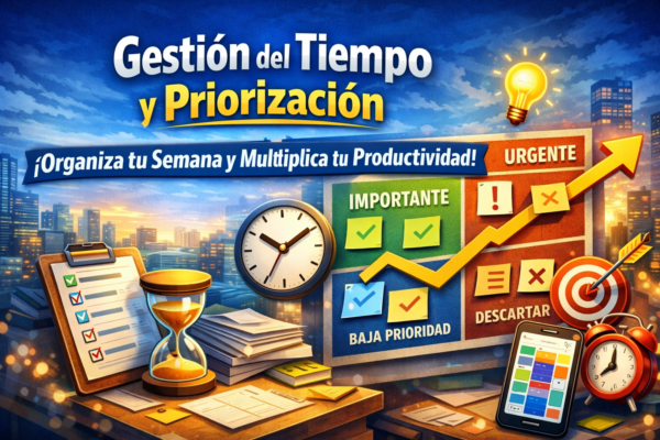 Portada del curso “Gestión del Tiempo y Priorización”: matriz de Impacto vs Urgencia con checklist, reloj, calendario y objetivo para organizar la semana y aumentar productividad.