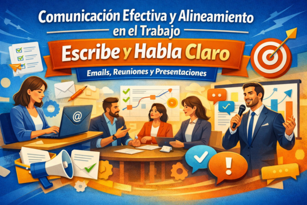 Ilustración del curso “Comunicación Efectiva y Alineamiento en el Trabajo: Escribe y Habla Claro (Emails, Reuniones y Presentaciones)” con equipo en reunión, persona presentando, íconos de email, checklist y objetivo de comunicación.