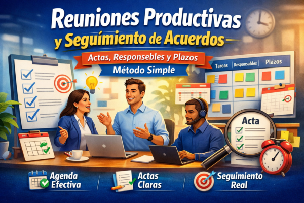 Portada del curso “Reuniones Productivas y Seguimiento de Acuerdos: Actas, Responsables y Plazos (Método Simple)” con equipo en reunión, tablero de tareas, acta y reloj, destacando agenda efectiva, actas claras y seguimiento real.