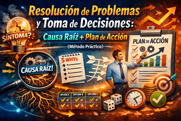 Portada del curso “Resolución de Problemas y Toma de Decisiones: Causa Raíz + Plan de Acción (Método Práctico)” con iconos de 5 Porqués, causa raíz, checklist y gráfico de resultados.