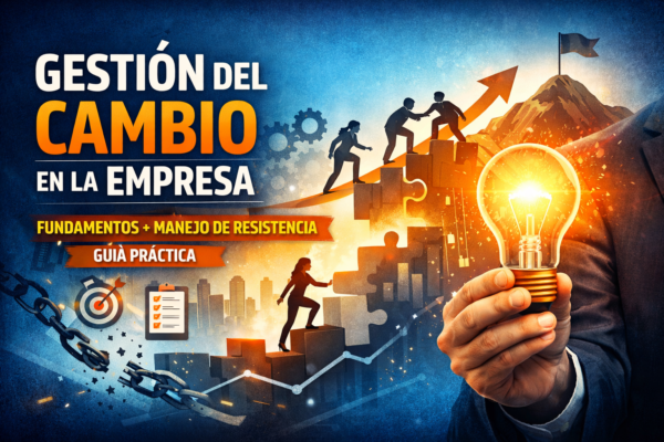 Portada del curso “Gestión del Cambio en la Empresa: Fundamentos + Manejo de Resistencia (Guía Práctica)”, con bombilla, escalones, flecha ascendente y equipo avanzando hacia una meta.