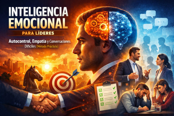 Banner del curso Inteligencia Emocional para Líderes con enfoque en autocontrol, empatía y conversaciones difíciles, ilustración de líder y equipo.