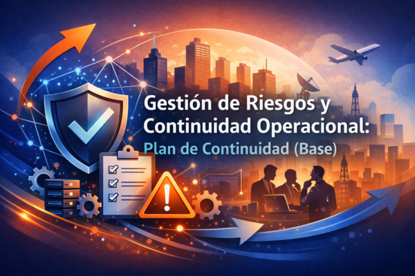 Imagen del curso “Gestión de Riesgos y Continuidad Operacional: Plan de Continuidad (Base)” con escudo de seguridad, checklist, ícono de alerta y ciudad conectada que representa continuidad operacional y gestión de riesgos.