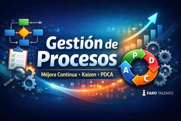 Banner del curso “Gestión de Procesos y Mejora Continua: Kaizen + PDCA (Lean en la práctica)” con ciclo PDCA y gráficos de mejora.