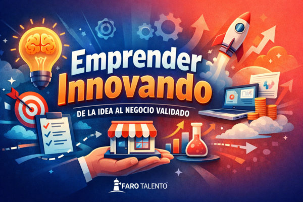 Portada del curso Emprender Innovando: de la idea al negocio validado, con iconos de innovación, cohete, foco, métricas y tienda, Faro Talento.
