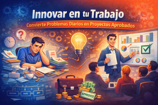 Portada del curso “Innovar en tu Trabajo”: convierte problemas diarios en proyectos aprobados con Lean Startup, Design Thinking y gestión del cambio.
