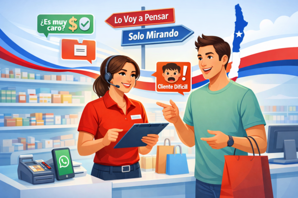 Ilustración de curso de atención al cliente para retail en Chile: vendedora atendiendo a cliente con objeciones “está caro”, “lo voy a pensar”, “solo mirando” y manejo de cliente difícil.