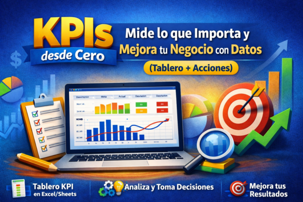 Banner del curso “KPIs desde Cero” con tablero KPI en Excel/Sheets, gráficos, semáforo, diana y flecha de crecimiento para mejorar un negocio con datos