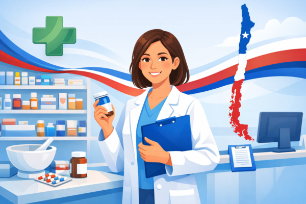 Ilustración de auxiliar de farmacia en Chile en un mesón de farmacia, con frasco de medicamento y elementos de dispensación y bodega.