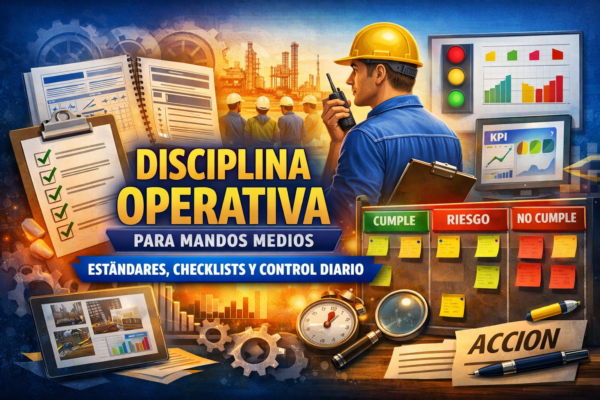 Banner del curso “Disciplina Operativa para Mandos Medios: Estándares, Checklists y Control Diario” con supervisor en planta, checklist, tableros KPI y semáforo de cumplimiento (cumple/riesgo/no cumple).