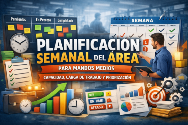 Portada del curso “Planificación Semanal del Área para Mandos Medios” con tablero Kanban, calendario semanal, KPIs, gráficos y checklist de control.