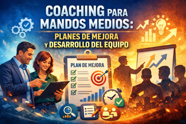 “Coaching para Mandos Medios: Planes de Mejora y Desarrollo del Equipo (Intermedio)” con iconos de plan de mejora, checklist, metas e indicadores.