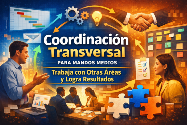 Portada del curso “Coordinación Transversal para Mandos Medios (Intermedio): Trabaja con Otras Áreas y Logra Resultados” con equipo colaborando, tableros y símbolos de acuerdos.