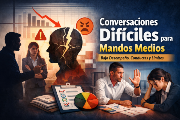 Portada del curso “Conversaciones Difíciles para Mandos Medios (Intermedio): Bajo Desempeño, Conductas y Límites” con escenas de conversación laboral tensa, gráficos de desempeño y señal de alerta.