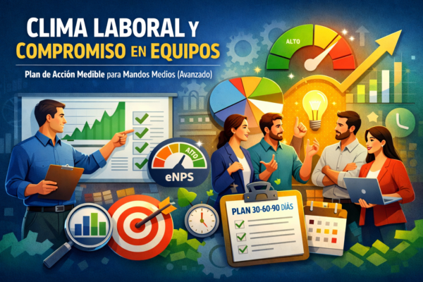 Portada del curso “Clima Laboral y Compromiso en Equipos” con equipo de trabajo, gráficos de crecimiento, medidor eNPS y checklist del plan 30-60-90 días para mandos medios.