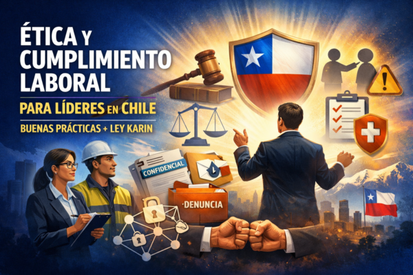 Portada del curso “Ética y Cumplimiento Laboral para Líderes en Chile: Buenas Prácticas + Ley Karin”, con escudo de Chile, mazo legal, balanza, checklist, denuncia y confidencialidad.