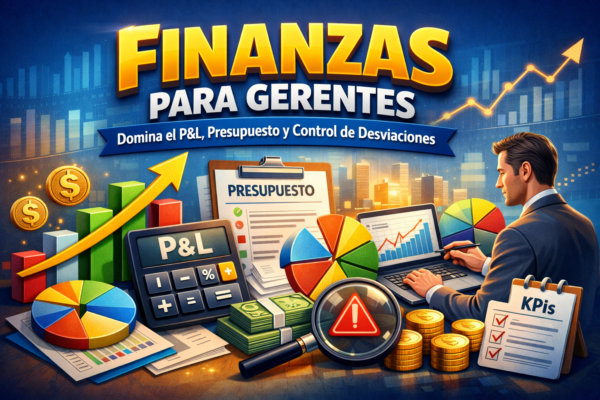 Portada del curso “Finanzas para Gerentes”: P&L, presupuesto y control de desviaciones con gráficos, KPIs y análisis financiero.