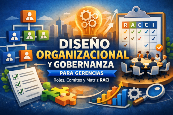 Portada del curso “Diseño Organizacional y Gobernanza para Gerencias” con organigrama, comité de gestión y matriz RACI.