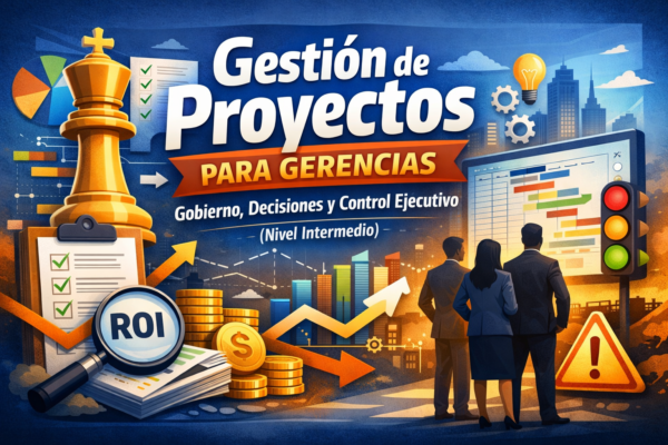 Banner del curso “Gestión de Proyectos para Gerencias: Gobierno, Decisiones y Control Ejecutivo (Nivel Intermedio)” con gráficos de ROI, tablero de control y liderazgo ejecutivo.