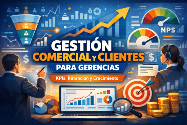 Imagen del curso “Gestión Comercial y Clientes para Gerencias: KPIs, Retención y Crecimiento (Intermedio)” con gráficos de KPIs, embudo comercial, NPS, crecimiento y rentabilidad.