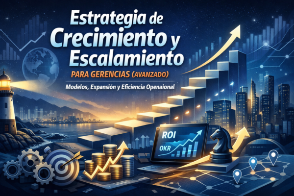 Portada del curso Estrategia de Crecimiento y Escalamiento para Gerencias (Avanzado) con escalera de crecimiento, gráfico ROI/OKR, ciudad y flecha ascendente, modelos de expansión y eficiencia operacional.