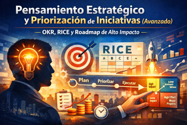 Banner del curso “Pensamiento Estratégico y Priorización de Iniciativas (Avanzado): OKR, RICE y Roadmap de Alto Impacto”, con foco en planificación, priorización, ejecución y métricas.
