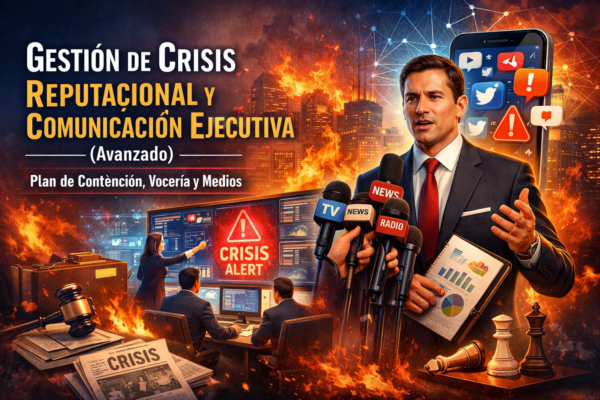Portada del curso “Gestión de Crisis Reputacional y Comunicación Ejecutiva (Avanzado)” con vocero ante micrófonos, alerta de crisis, redes sociales y plan de contención, vocería y medios.