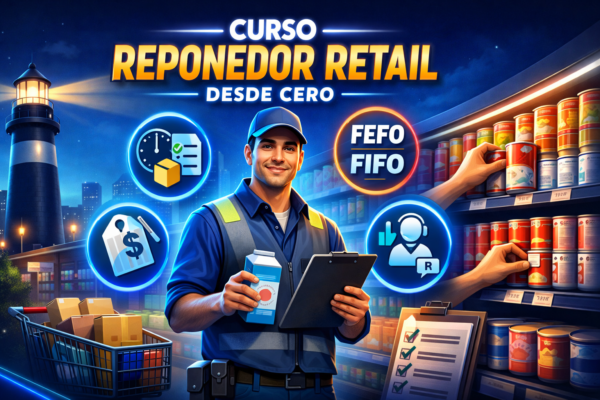 Portada del Curso Reponedor Retail desde Cero en Chile: reposición eficiente, FEFO/FIFO, etiquetas y atención al cliente en sala.