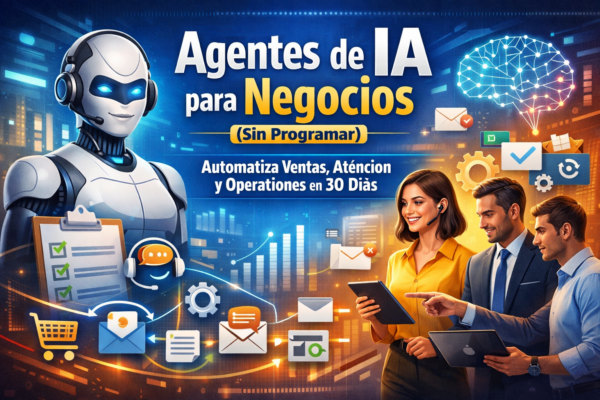 Portada del curso “Agentes de IA para Negocios (Sin Programar)”: robot asistente y equipo de trabajo con iconos de automatización para ventas, atención al cliente y operaciones en 30 días.