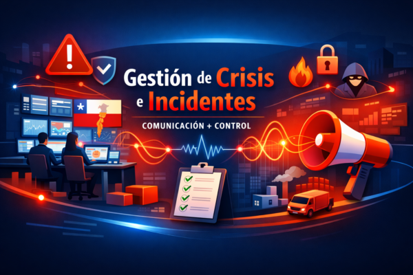 Ilustración del curso Gestión de Crisis e Incidentes: war room, megáfono, checklist y seguridad para comunicación y control.