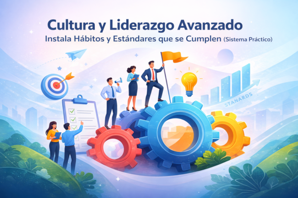 Portada del curso Cultura y Liderazgo Avanzado: instala hábitos y estándares que se cumplen (sistema práctico), con engranajes, checklist y líderes en un entorno corporativo.
