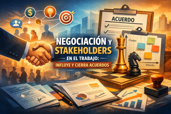 Imagen del curso “Negociación y Stakeholders en el Trabajo” con apretón de manos, tablero de acuerdos, mapa poder–interés y piezas de ajedrez.