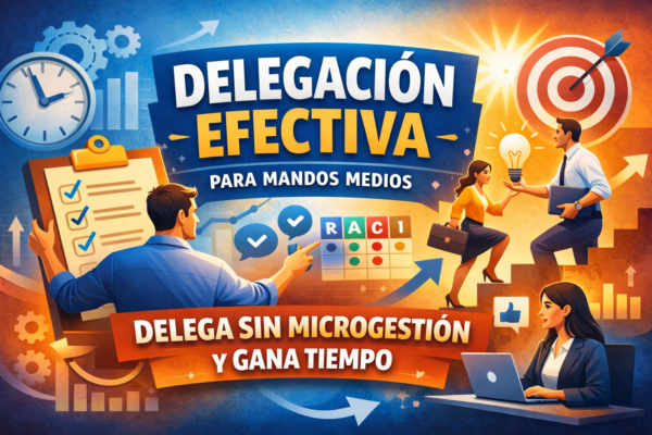 Banner del curso “Delegación Efectiva para Mandos Medios” con reloj, checklist y matriz RACI; mensaje “Delega sin microgestión y gana tiempo”.