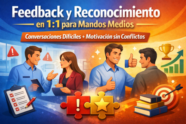 Portada del curso “Feedback y Reconocimiento en 1:1 para Mandos Medios” con ilustración de reuniones 1:1, feedback correctivo, reconocimiento y mejora de desempeño.
