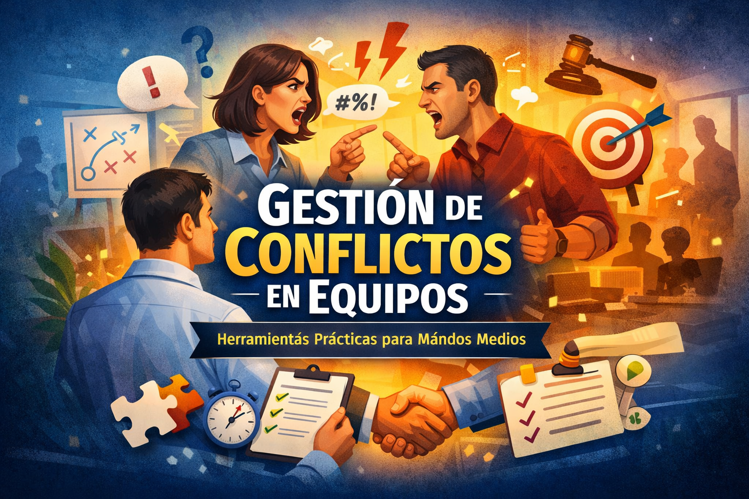 Portada del curso Gestión de Conflictos en Equipos para mandos medios: herramientas prácticas para resolver y mediar conflictos laborales.