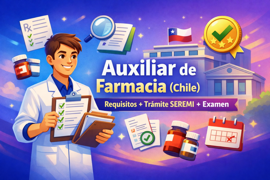 Imagen destacada “Requisitos Auxiliar de Farmacia en Chile” con checklist, documentos y trámite SEREMI para rendir examen.