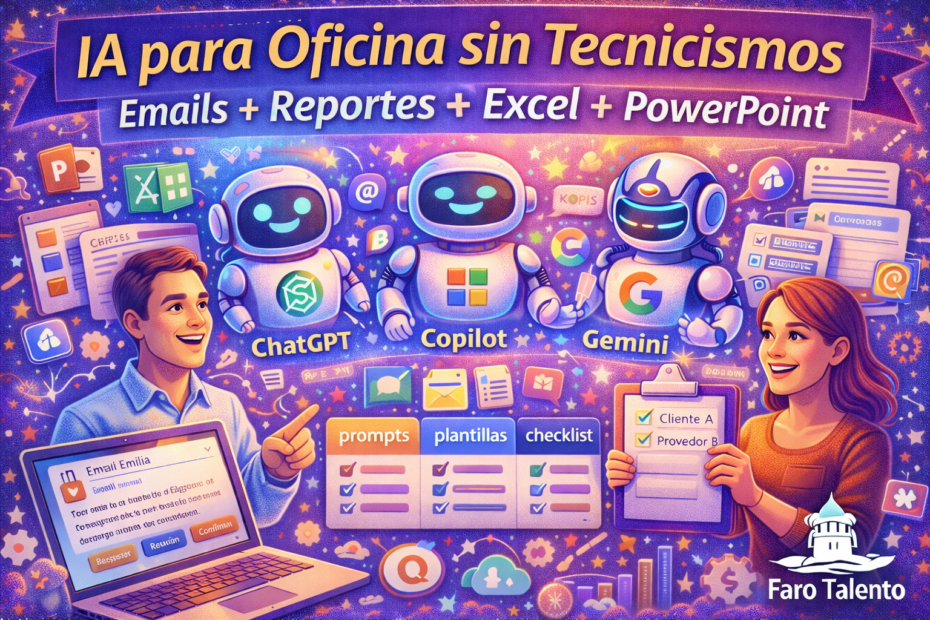 Imagen destacada horizontal “IA para oficina sin tecnicismos” con ChatGPT, Copilot y Gemini para emails, reportes, Excel y PowerPoint, más prompts, plantillas y checklist de seguridad, estilo Faro Talento.