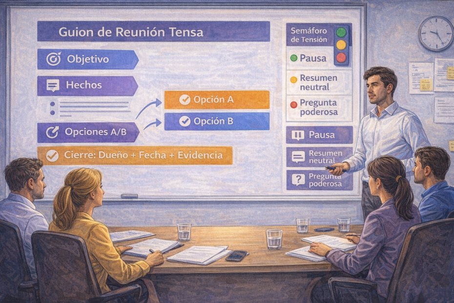 Infografía para manejar reuniones tensas en el trabajo: objetivo, hechos, opciones A/B y cierre con acuerdos, responsables y plazos mediante minuta express.