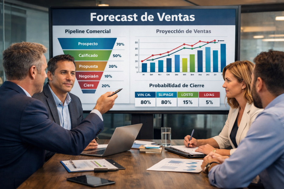 Equipo comercial revisando forecast de ventas, pipeline y probabilidad de cierre en reunión gerencial