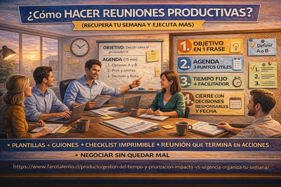 Cómo hacer reuniones productivas: objetivo, agenda, tiempo fijo y cierre con decisiones, responsables y fecha
