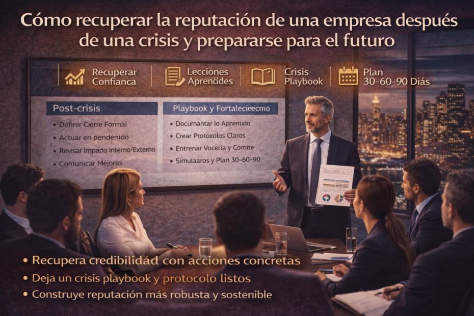 Equipo ejecutivo revisando recuperación reputacional, lecciones aprendidas y playbook de crisis después de una crisis empresarial
