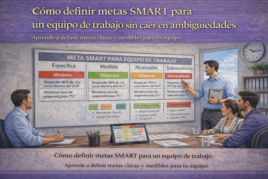 Jefatura definiendo metas SMART para un equipo de trabajo con niveles de logro y criterios claros en reunión laboral