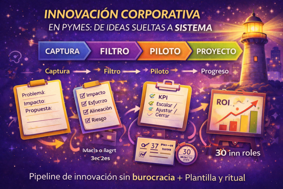 Imagen destacada sobre innovación corporativa en pymes con pipeline Captura–Filtro–Piloto–Proyecto y enfoque en proyectos con ROI sin burocracia.