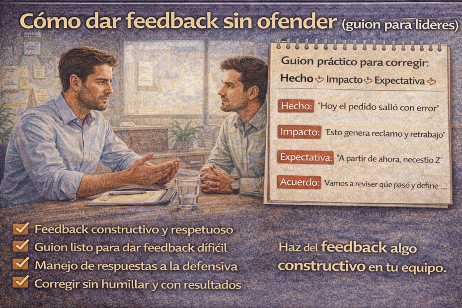 Líder dando feedback sin ofender con guion práctico: hecho, impacto, expectativa y acuerdo para corregir sin humillar.