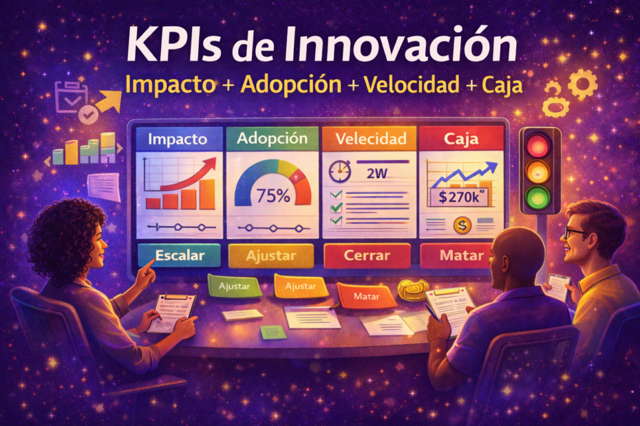 Imagen destacada KPIs de innovación con tablero ejecutivo y semáforo de iniciativas para medir impacto, adopción, velocidad y caja en pymes y empresas.
