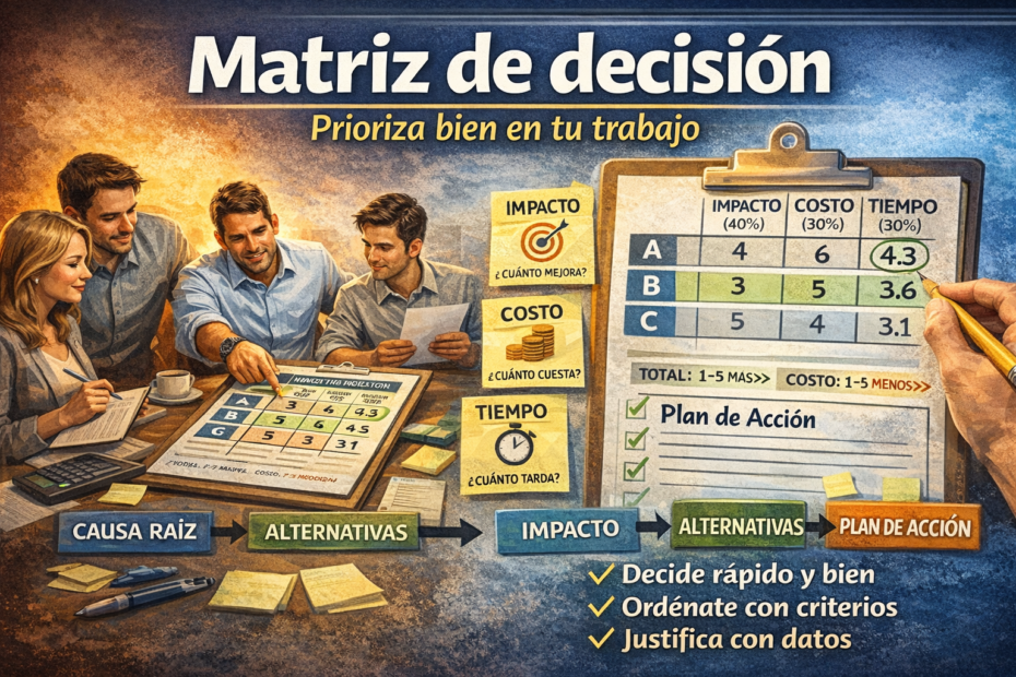 Equipo usando matriz de decisión para priorizar alternativas por impacto, costo y tiempo y convertirlo en plan de acción.
