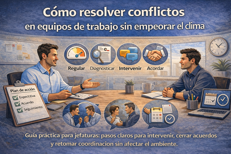 Jefatura resolviendo conflicto en equipo de trabajo con conversación guiada, acuerdos y seguimiento sin empeorar el clima laboral